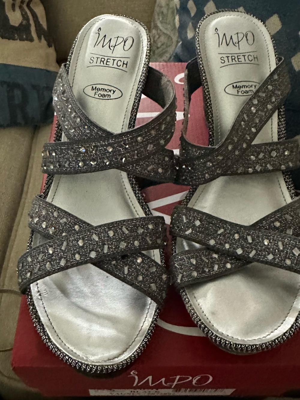 Impo Silver Beaded Cross-Strap Memory Foam Sandals